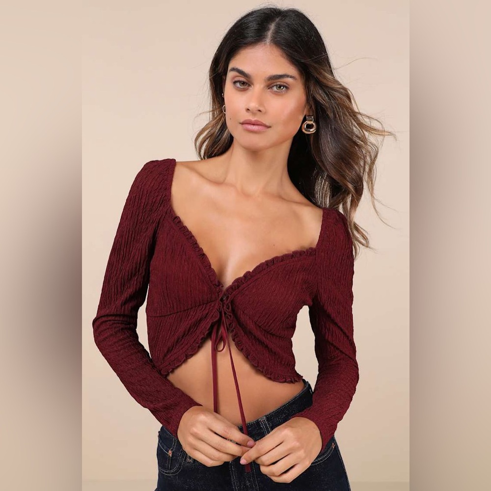 Lulus Sweetest Composure Burgundy Textured Tie-Front Crop Top Size XL